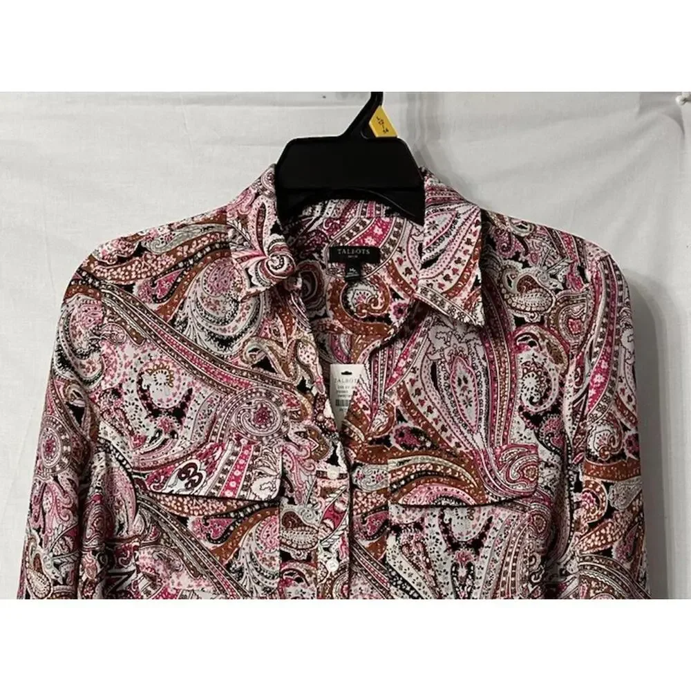 NWT Talbots Womens Long Sleeve‎ Paisley Button Front Shirt Top Blouse M Petite - Picture 2 of 14